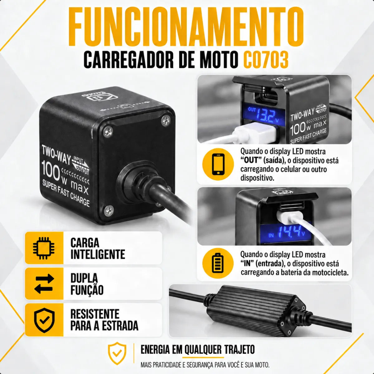 Carregador Bidirecional De Moto Celular Bateria 12v Usb-c