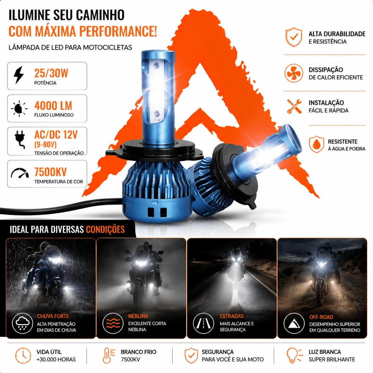 Kit Par Lâmpada Led Farol Carro Moto Alto E Baixo 12000lm H4