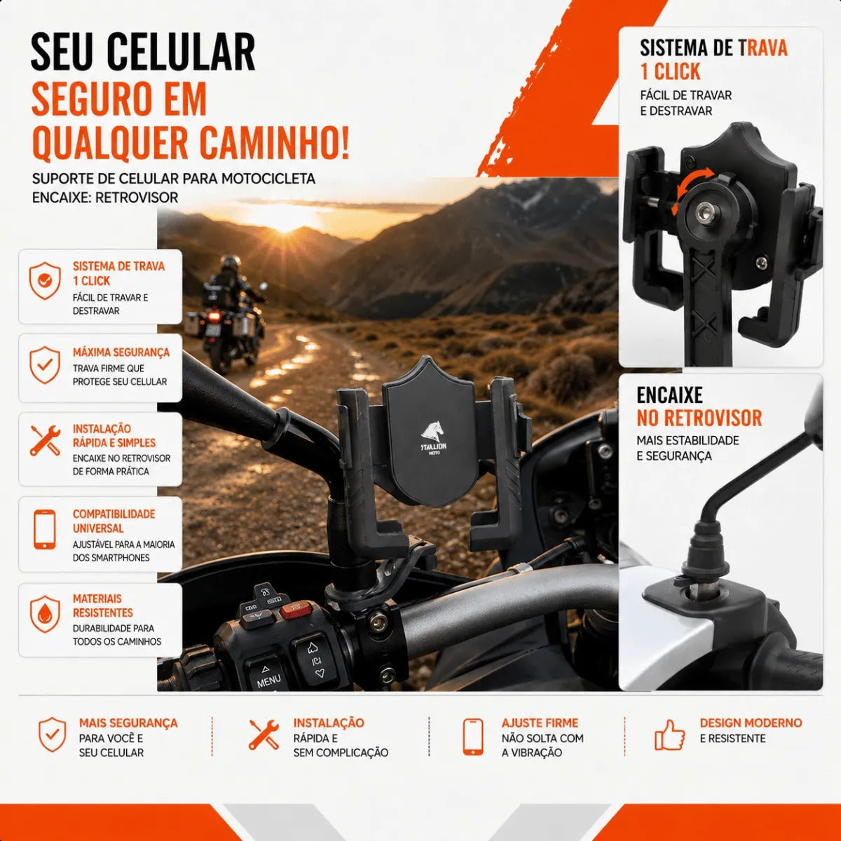 Suporte Celular Moto Retrovisor Universal A Prova Dagua 360°