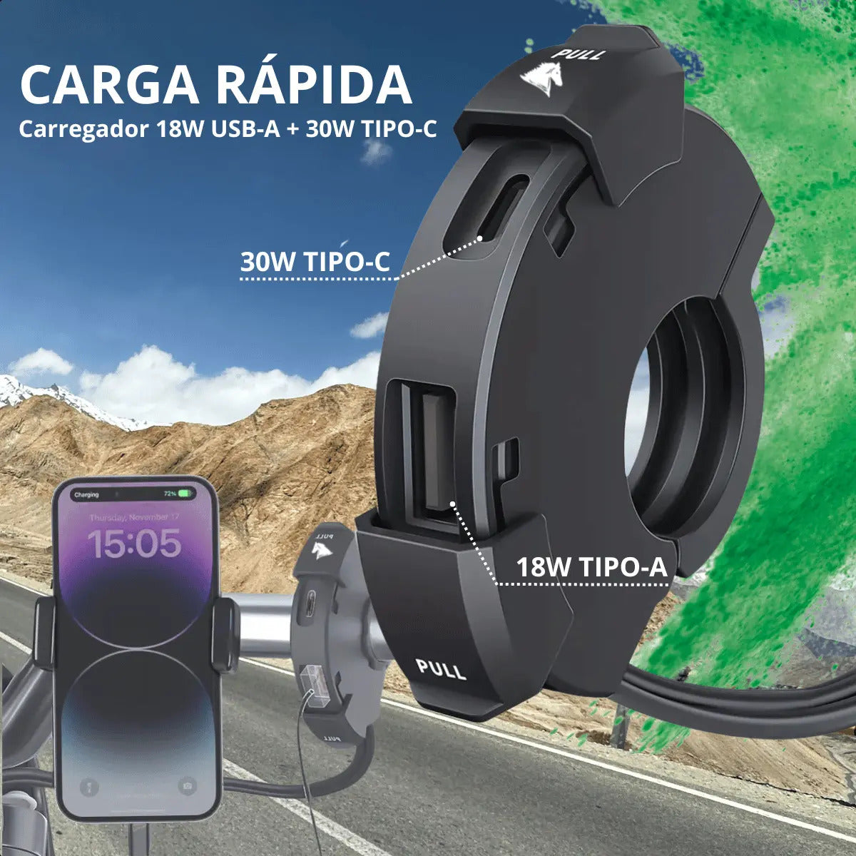 Carregador Celular Moto Usb Tipo C 12v Prova D'água Aurora