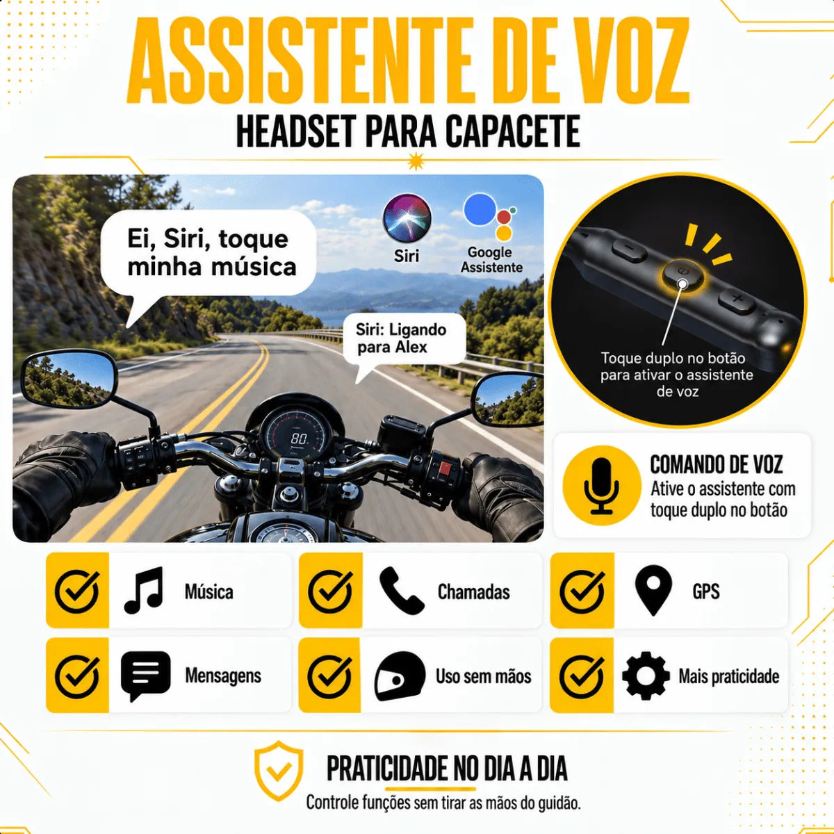 Fone De Ouvido Capacete Moto Bluetooth Sem Fio 5.3 Headset