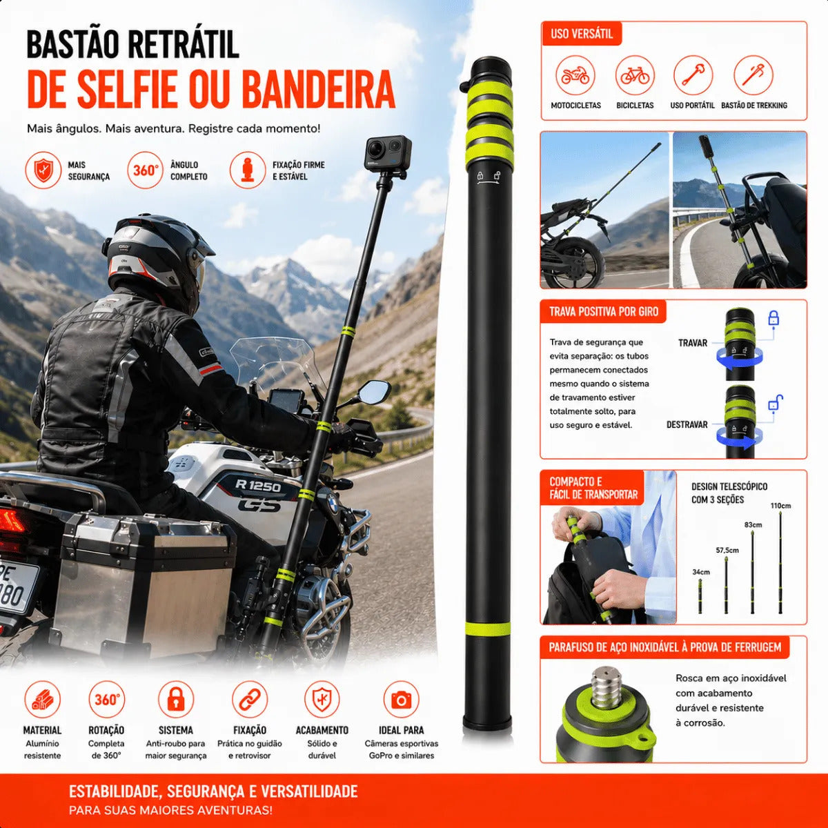 Bastão De Câmera Com Suporte Para Moto Selfie Gopro Insta360