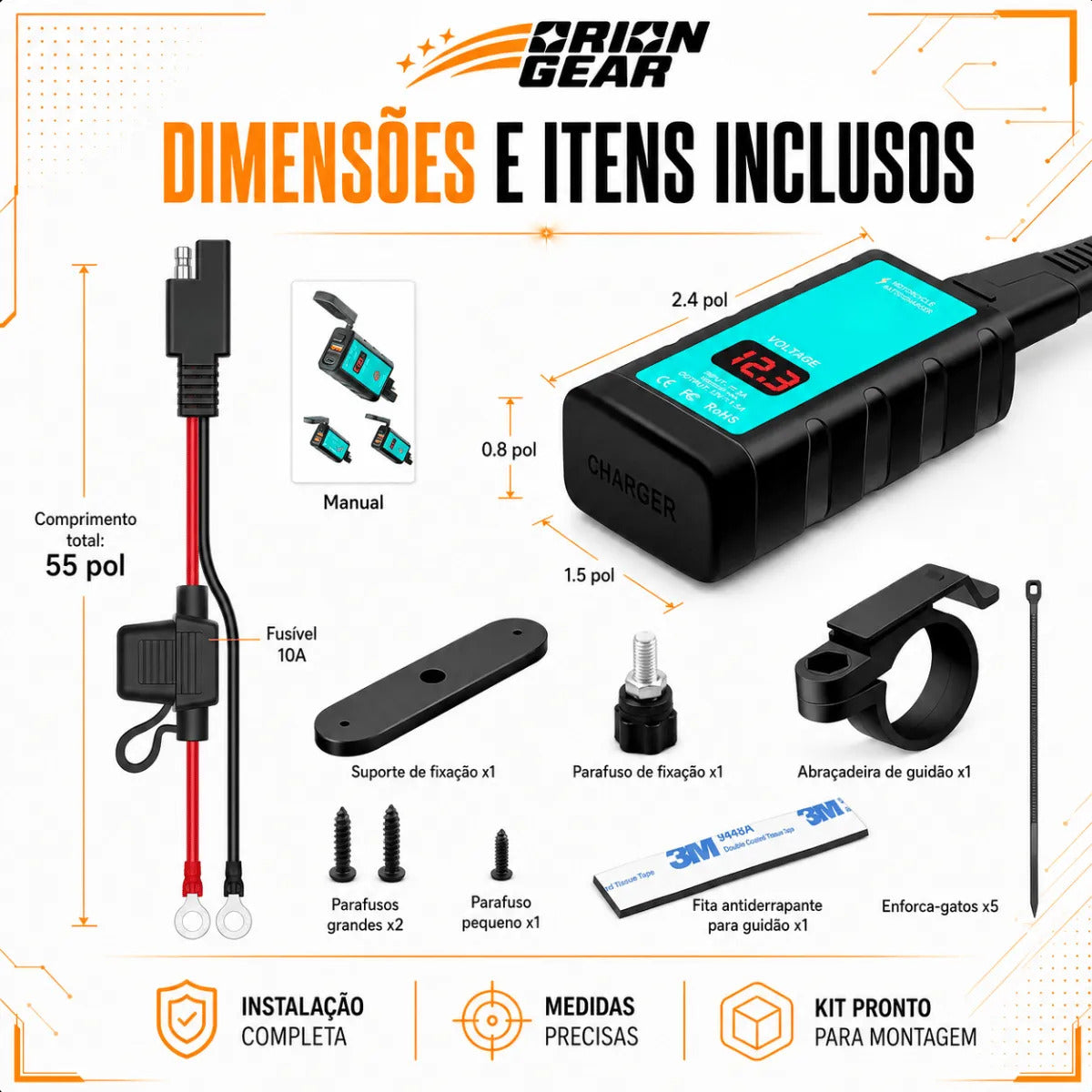 Carregador Celular Moto Usb Tipo C 12v Prova D'água Turbo