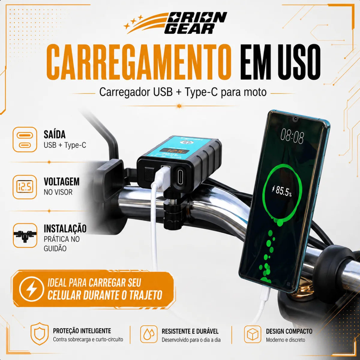 Carregador Celular Moto Usb Tipo C 12v Prova D'água Turbo