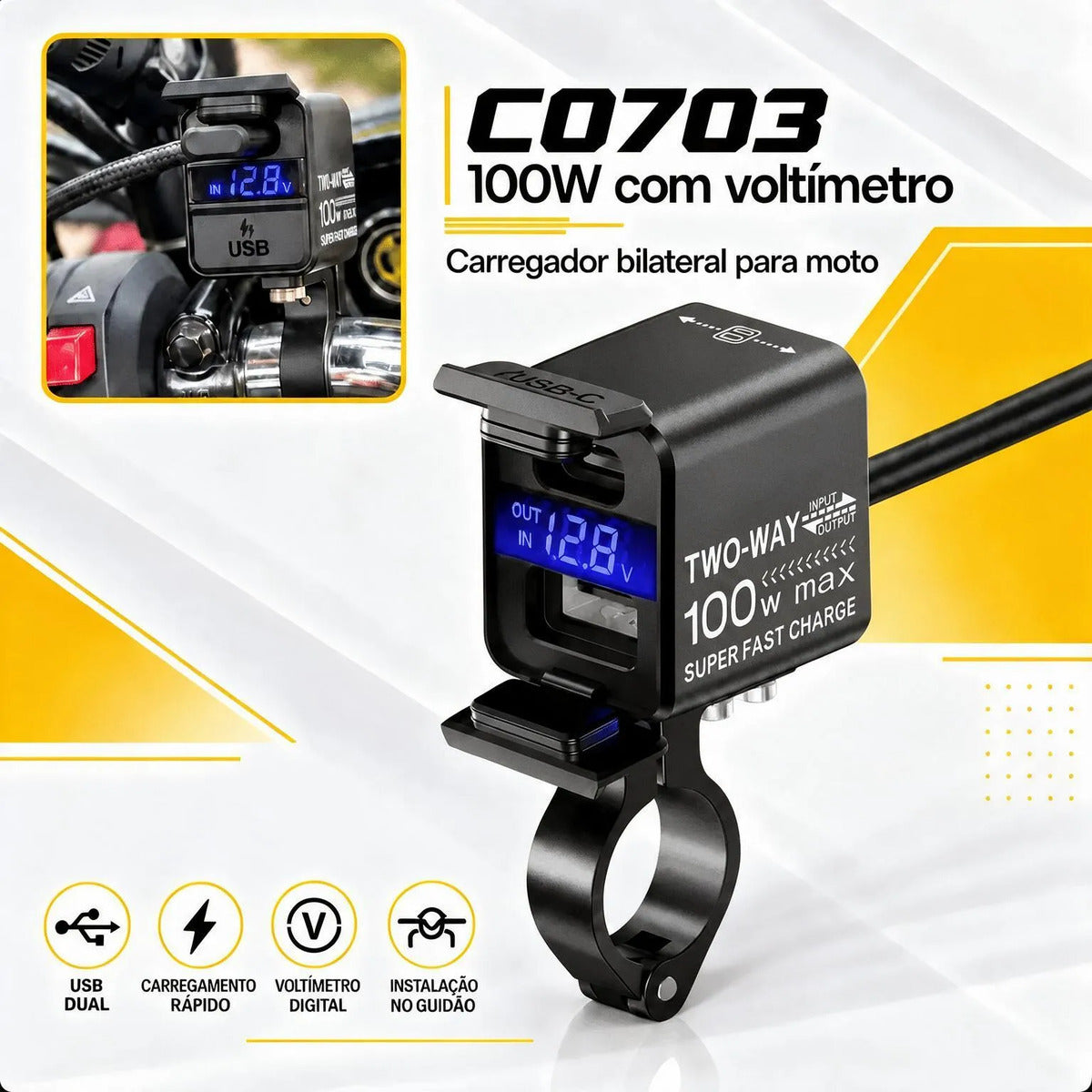 Carregador Bidirecional De Moto Celular Bateria 12v Usb-c
