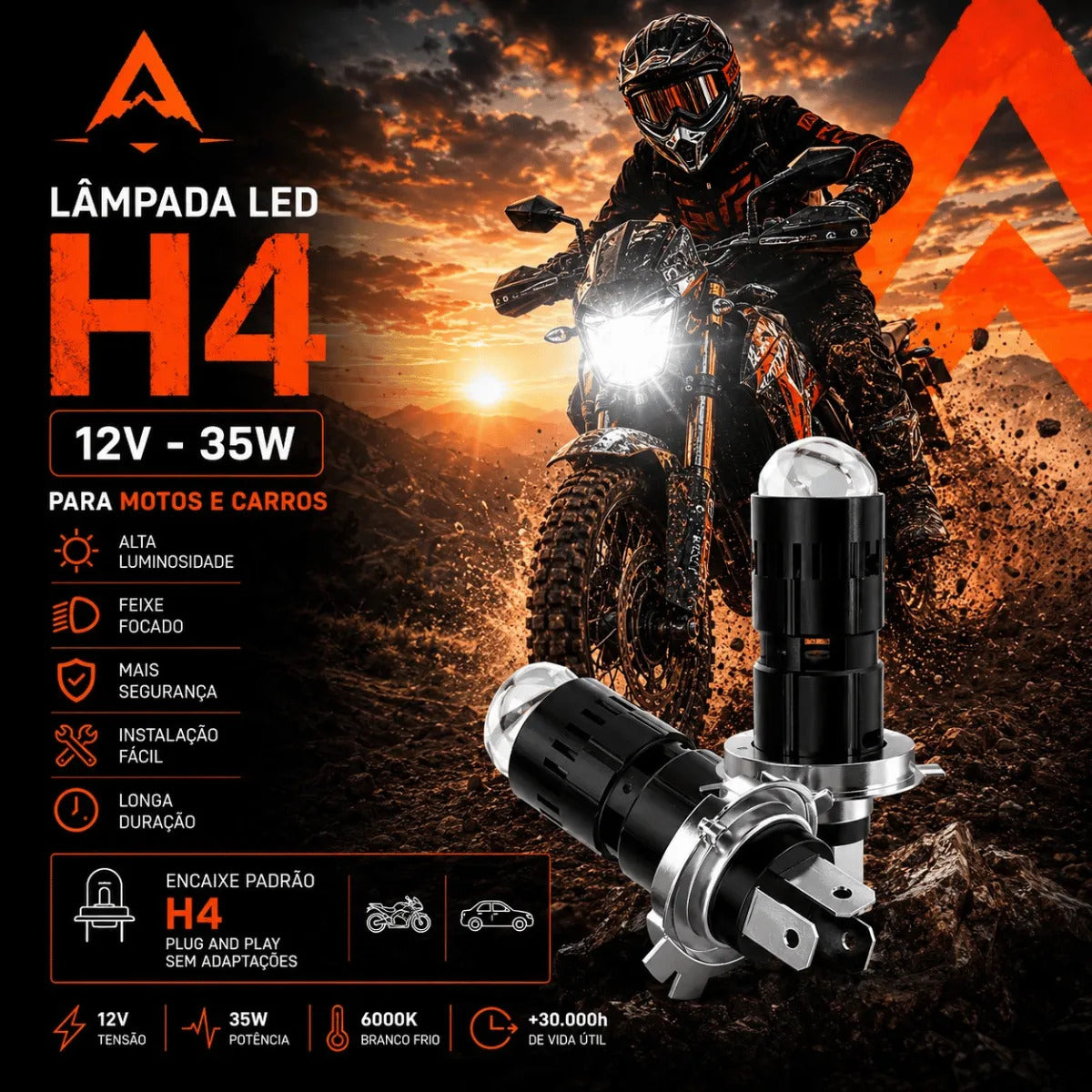 Farol Lâmpada Super Led Projetor Moto Canhão 360 H4 6000k
