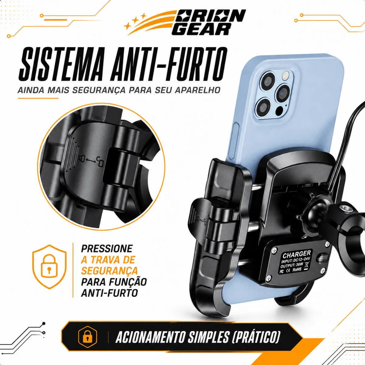Suporte Para Celular Com Carregador De Moto Antifurto Usb