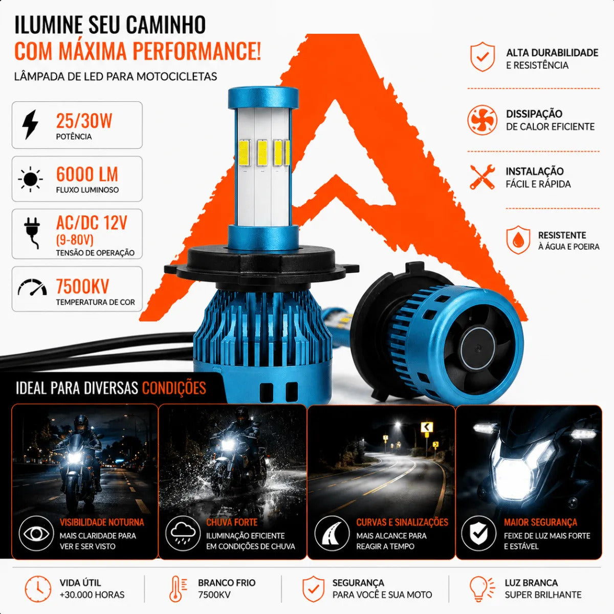Kit Par Lâmpada Led Farol Carro Moto Alto E Baixo 7500kv H4