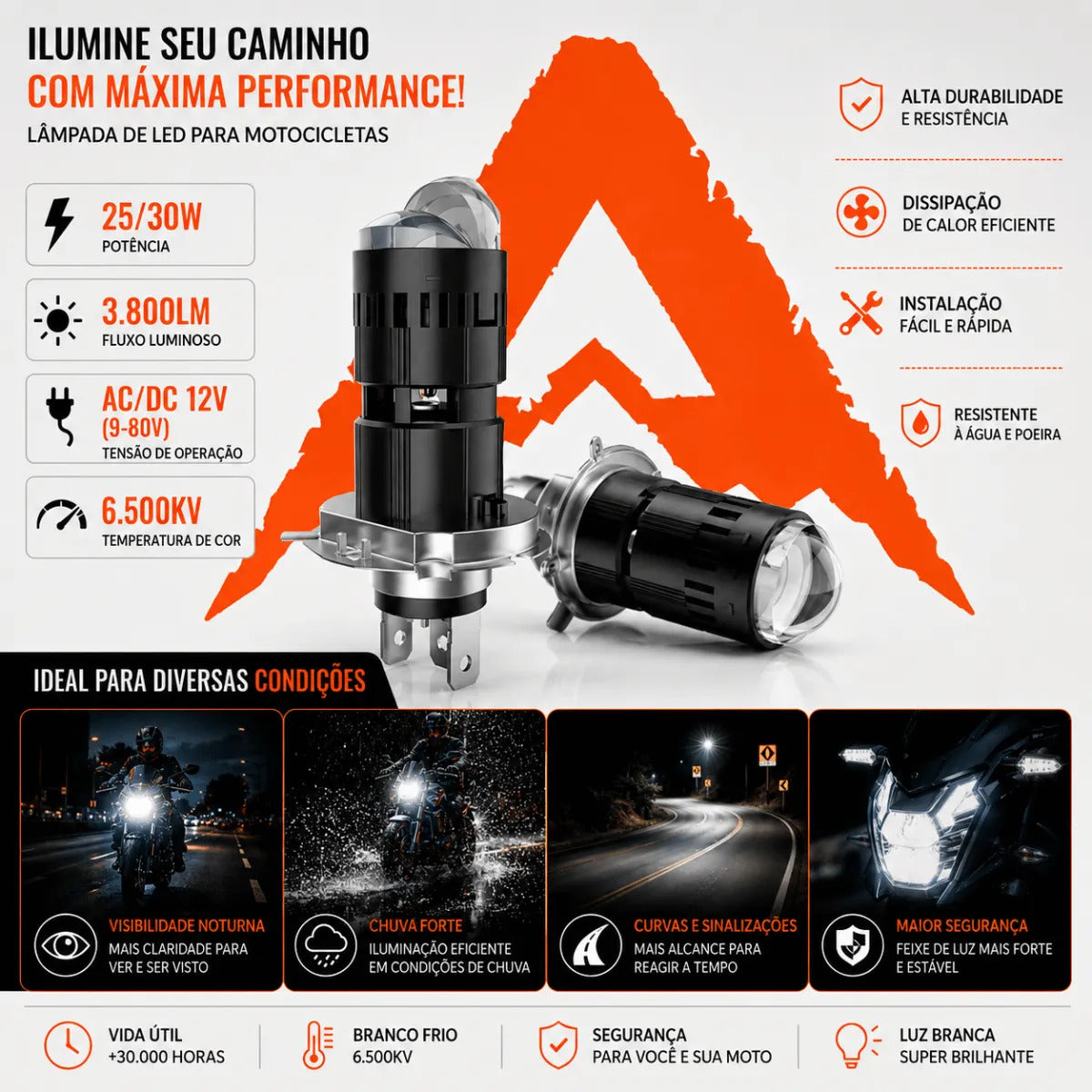 Farol Lâmpada Super Led Projetor Moto Canhão 360 H4 6000k