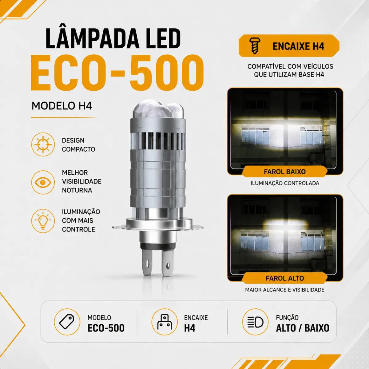 Lâmpada De Led Farol Automotivo Carro Moto H4 Canhão 4000l