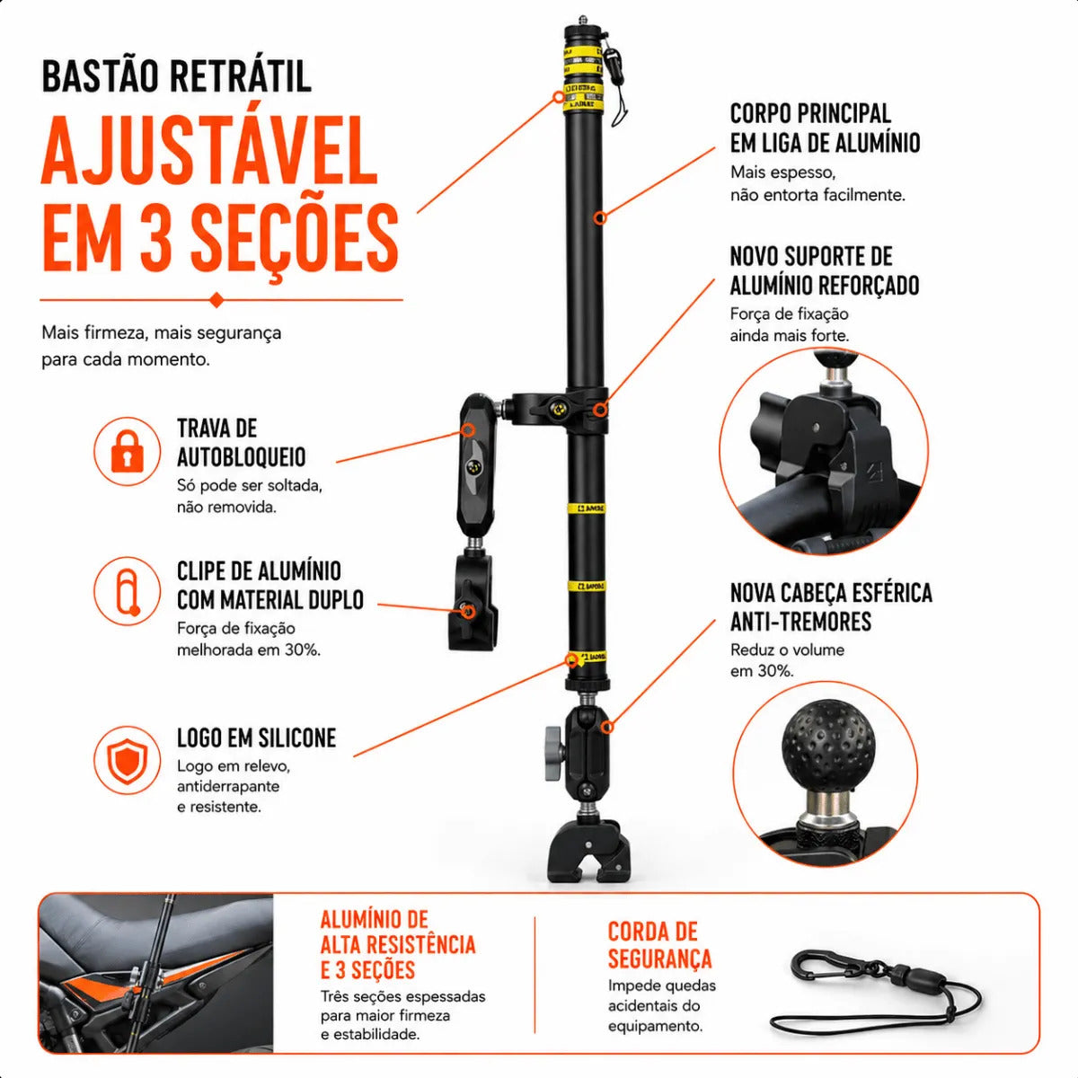 Bastão De Câmera Com Suporte Para Moto Selfie Gopro Insta360