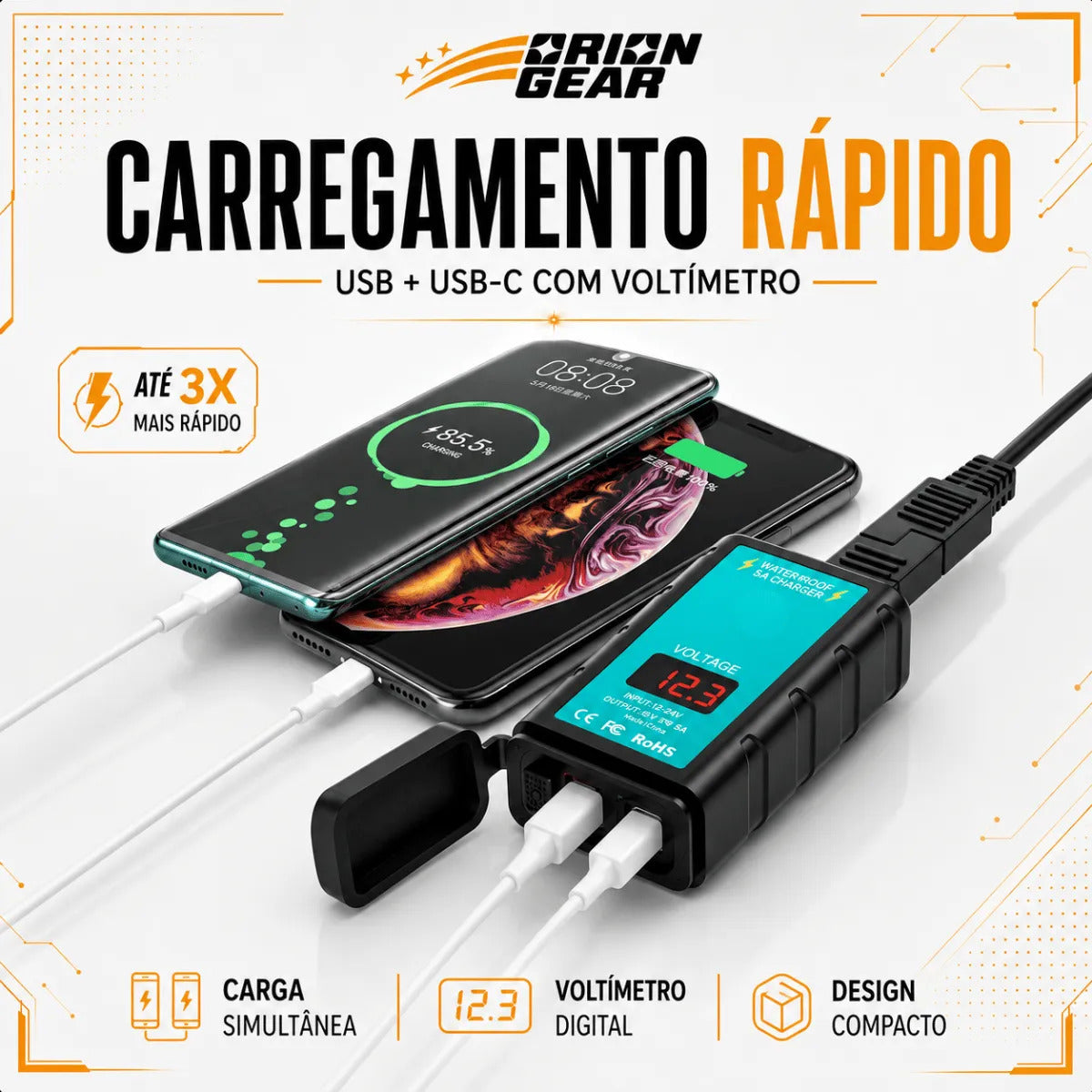 Carregador Celular Moto Usb Tipo C 12v Prova D'água Turbo
