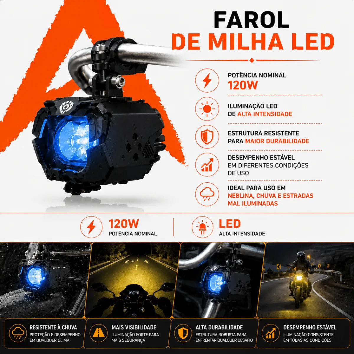 Par Farol De Milha Moto Lâmpada Led Auxiliar Neblina 120w