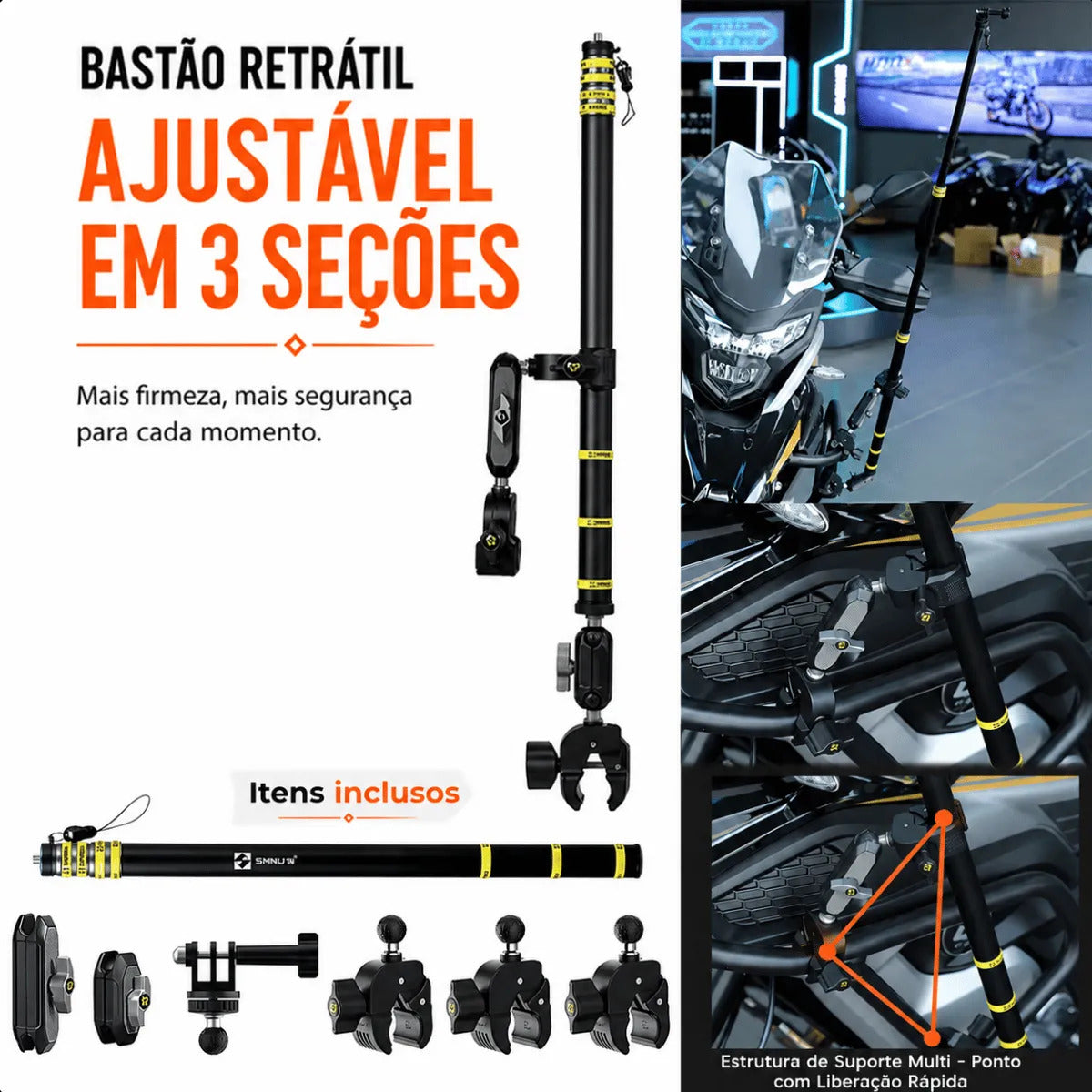 Bastão De Câmera Com Suporte Para Moto Selfie Gopro Insta360