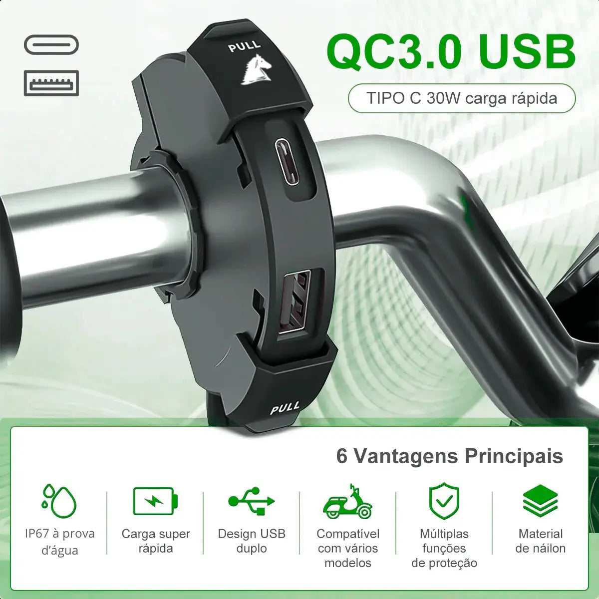 Carregador Celular Moto Usb Tipo C 12v Prova D'água Aurora