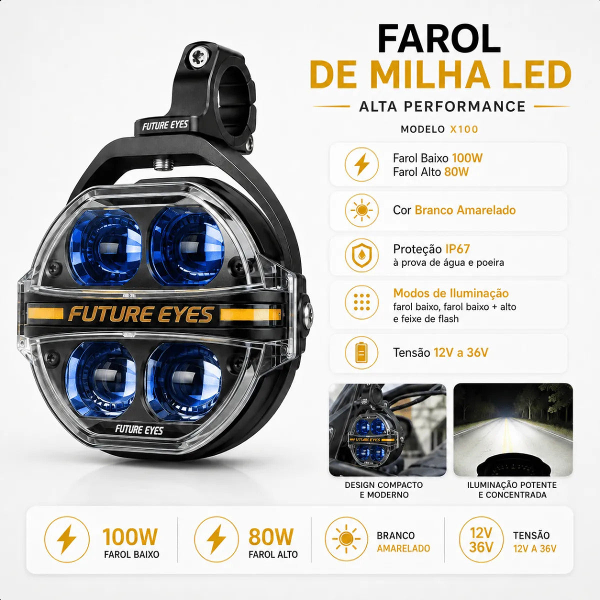 Par Farol De Milha Moto Led Auxiliar Neblina 180w Strobo