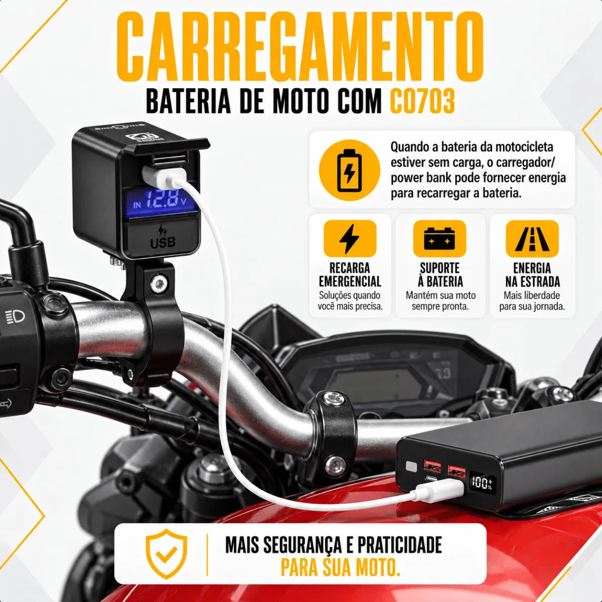 Carregador Bidirecional De Moto Celular Bateria 12v Usb-c